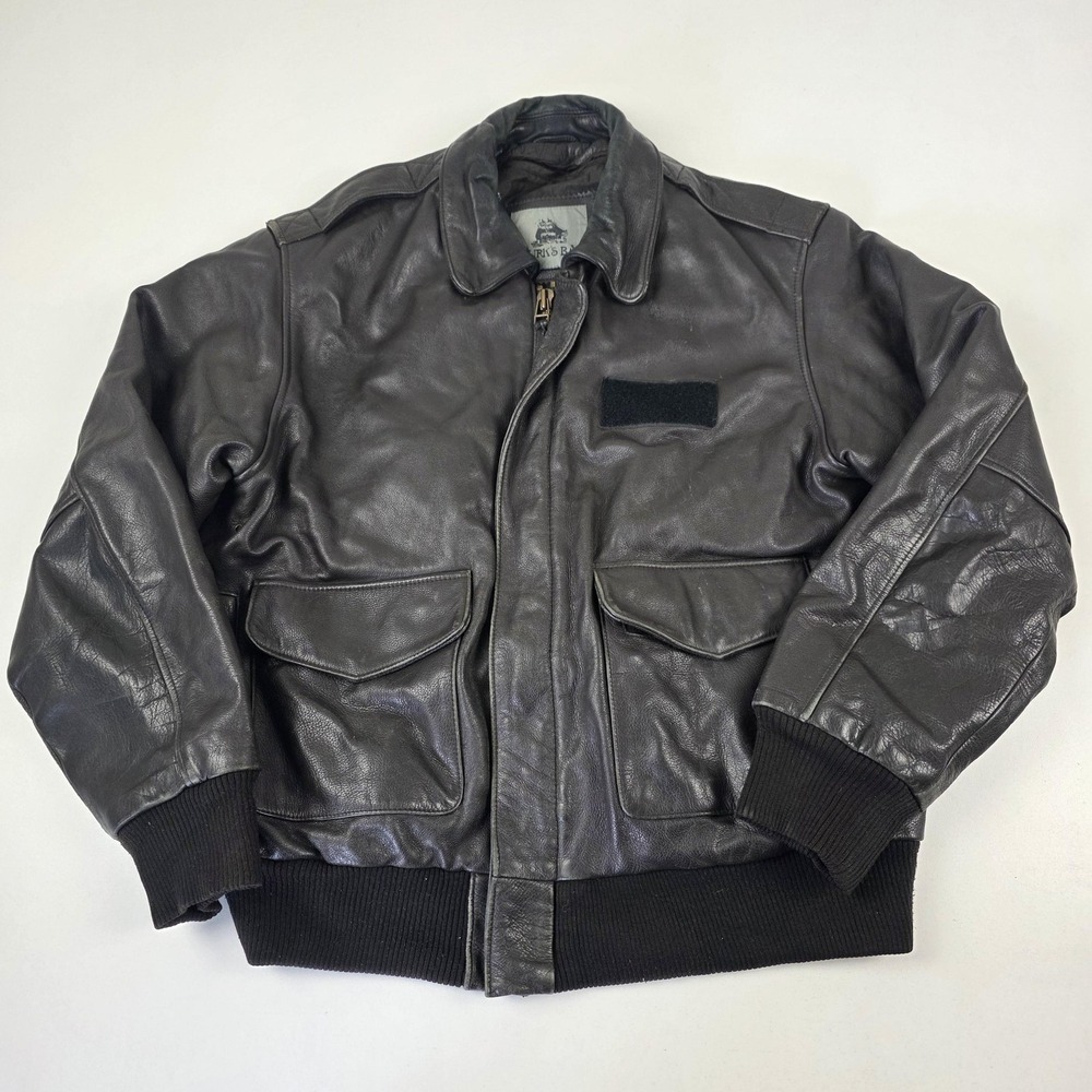 VTG 90s Burk's Bay Flight Jacket Mens Large Brown Leather Bomber Patch Pockets